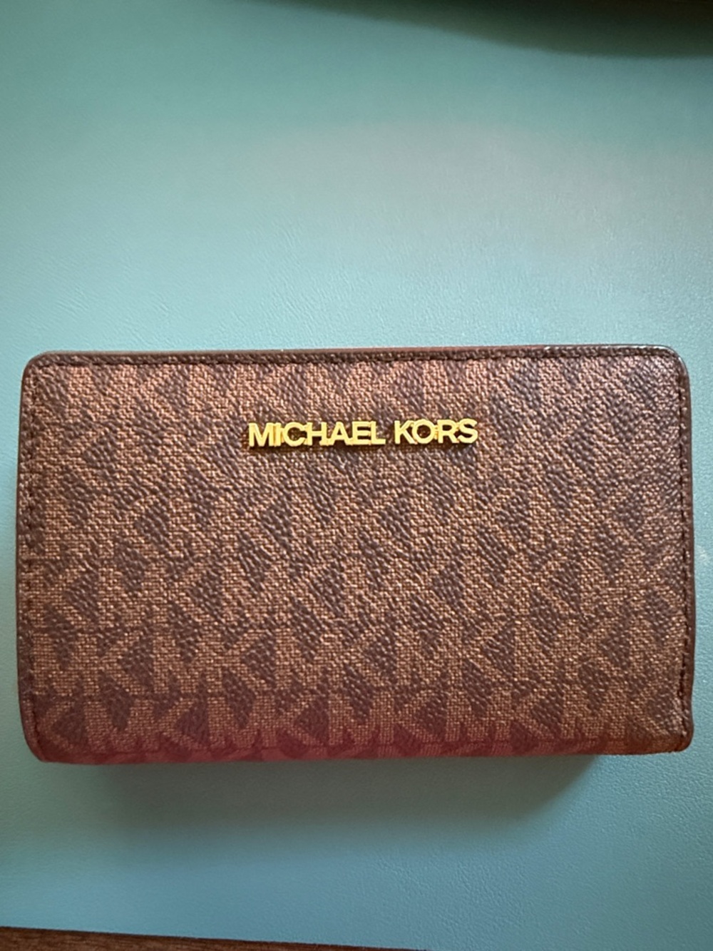 MICHAEL Michael Kors Brown Signature MK Continental Wallet with Gold Logo-nwot